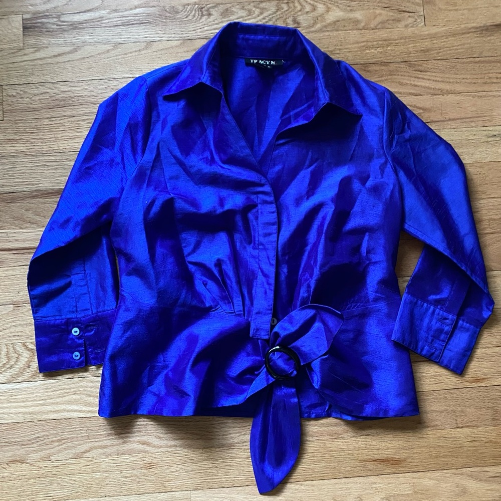 Vibrant Blue Satin Blouse with Tie Front